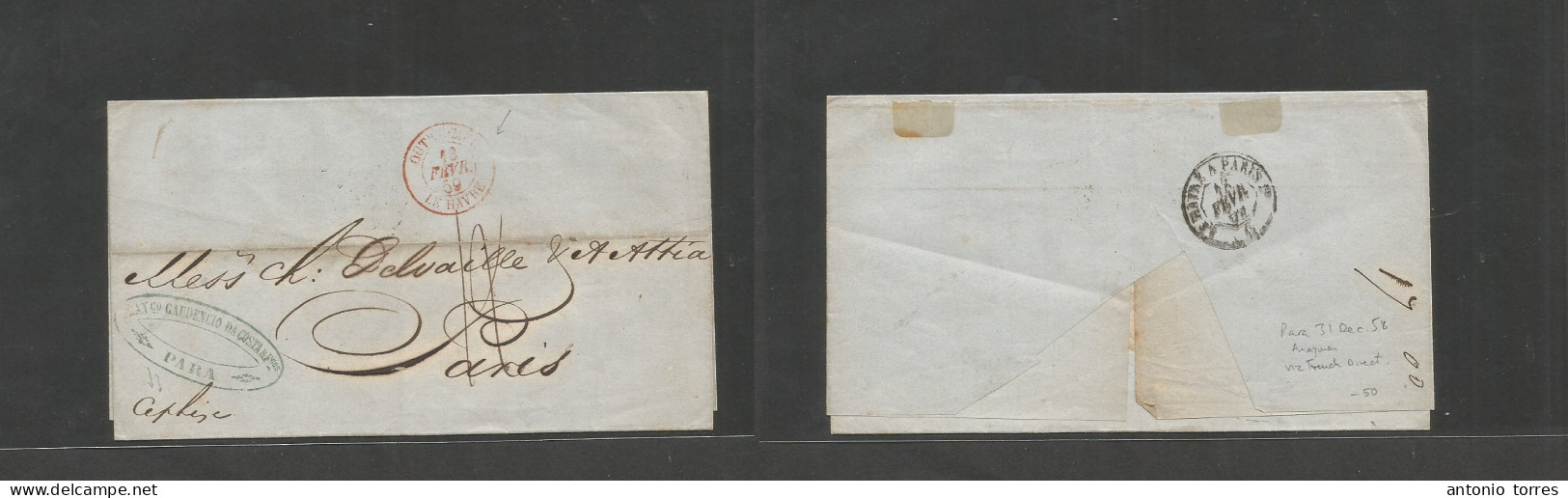 Brazil - Stampless. 1858 (31 Dec) Para, Amazonas - France, Paris (16 Febr 59) Endorsed "per Ephise" E. Red French Cds Ou - Otros & Sin Clasificación