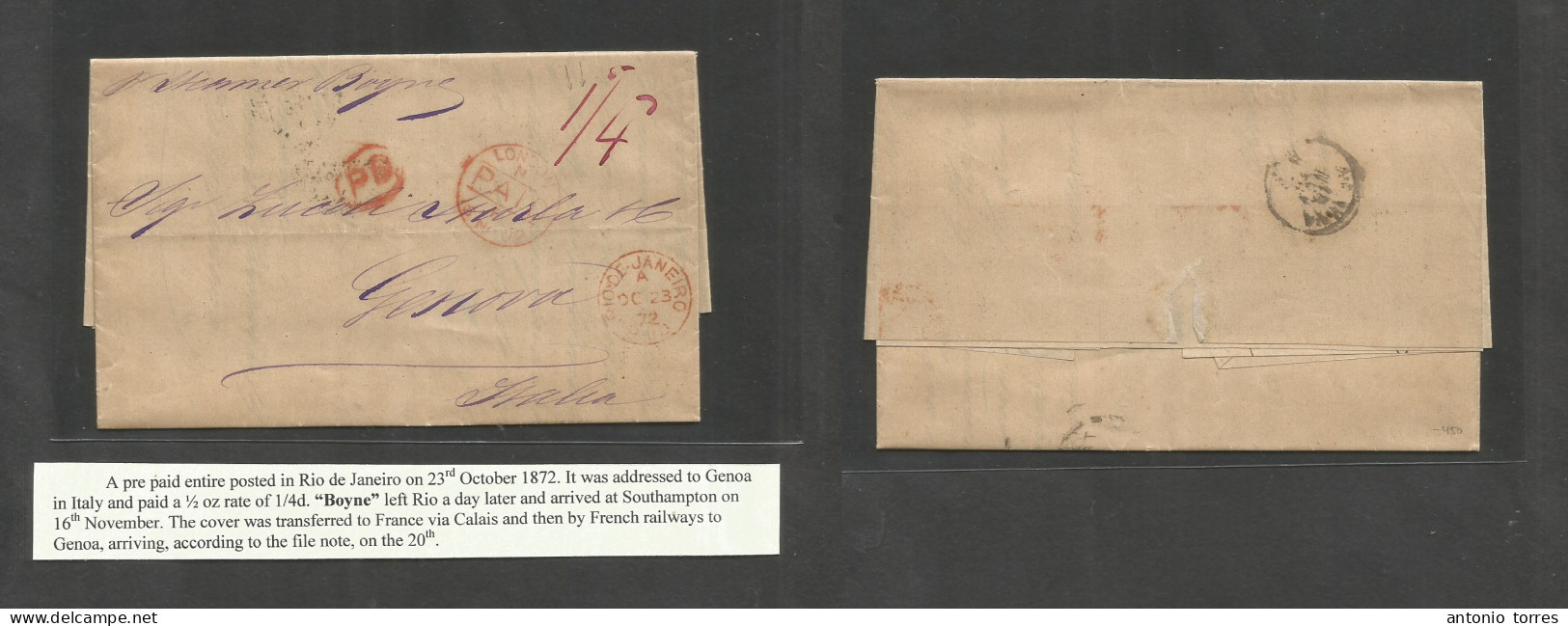 Brazil. 1872 (22 Oct) BPO, RJ - Italy, Genova (18 Nov) EL With Text Unfranked For Lack Of GB Stamps, Cash Paid 1sh 4d + - Autres & Non Classés