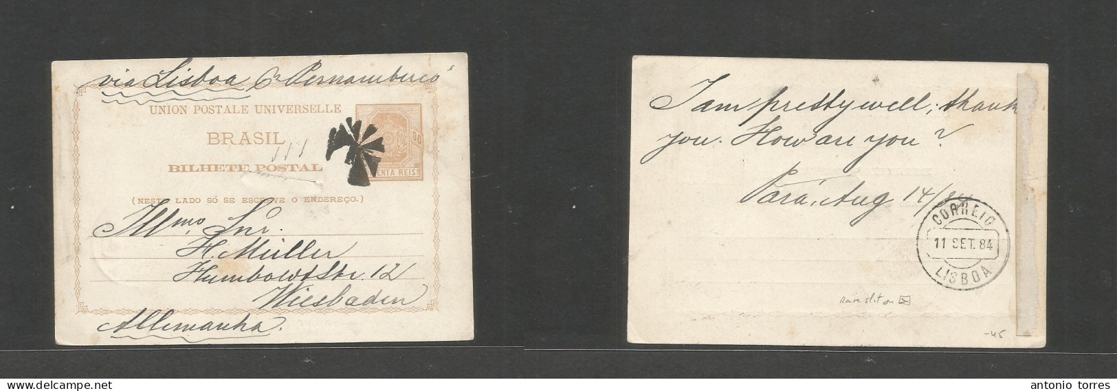 Brazil - Stationary. 1884 (14 Aug) Para, Amazonas - Germany, Wiesbaden. 80rs Sepia Stat Card Via Lisboa With Extraord Ra - Other & Unclassified