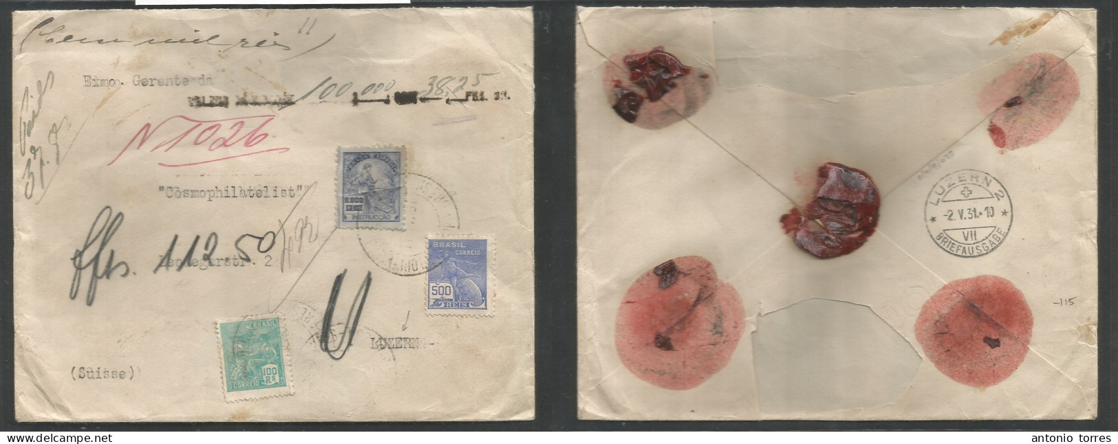 Brazil - Xx. 1931 (Apr) RJ - Switzerland, Luzern (2 May) Registered Insured For 100,000 Multifkd Envelope At 2,600 Reis - Other & Unclassified