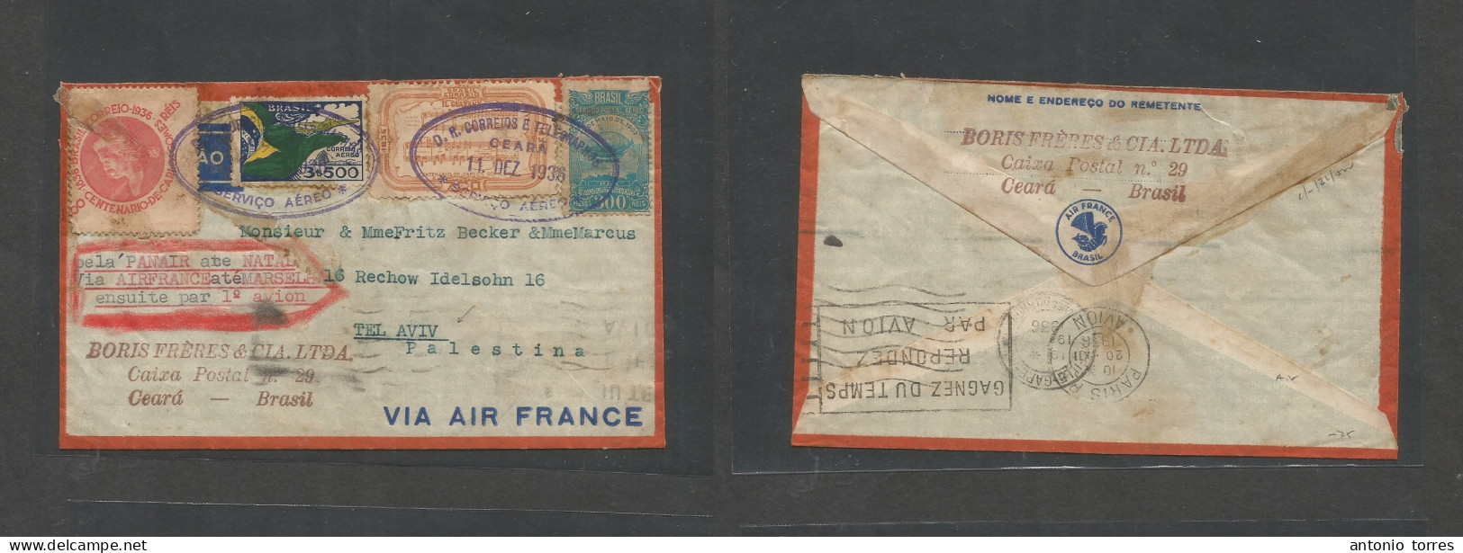 Brazil - Xx. 1936 (11 Dec) Ceara - Palestine, Tel Aviv Via Air France - Paris (20 Dec) PANAIR - NATAL. Air Multifkd Env - Autres & Non Classés
