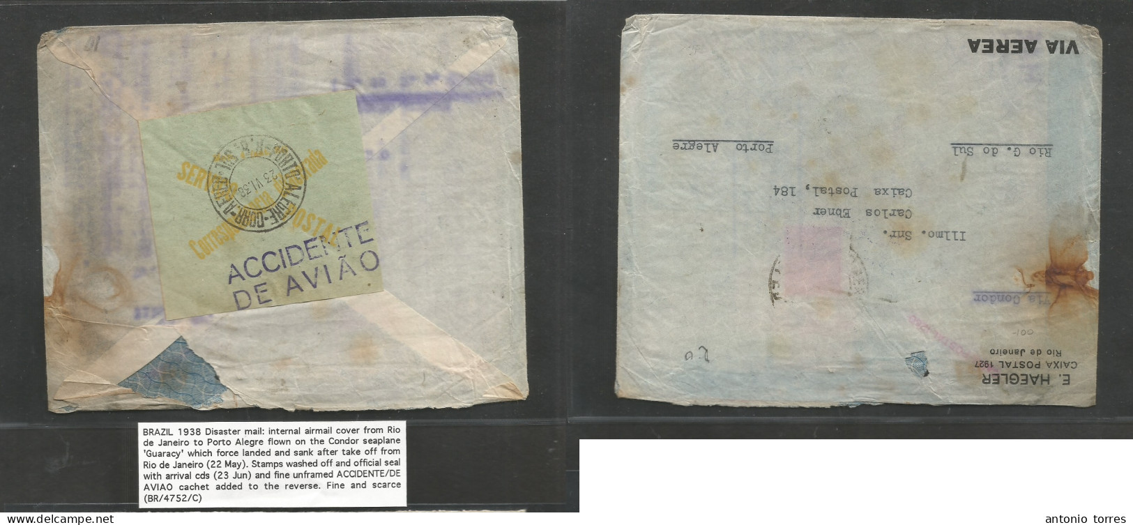 Brazil - Xx. 1938 (23 Apr) Disaster Mail. Rio - Porto Alegre. Air Fkd Envelope + Reverse Po Label. Accidente De Avion. S - Autres & Non Classés