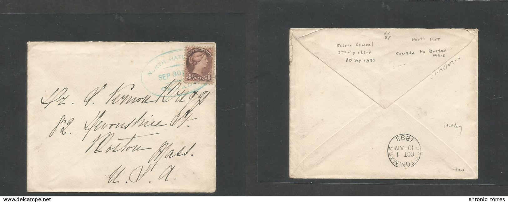 Canada. 1893 (30 Sept) North Hatley - USA, Boston, Mass (Oct 1) 3c Small Guam Fkd Env, Oval Blue Ds Cachet. Fine Oversea - Other & Unclassified