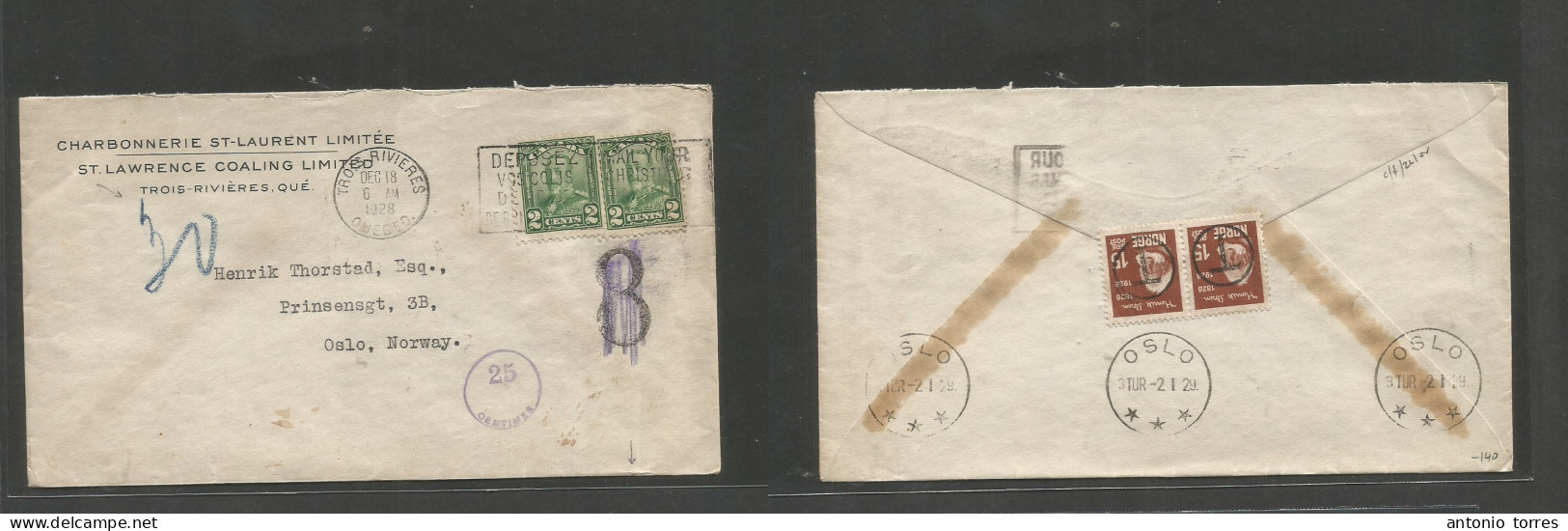 Canada. 1928 (Dec 18) Trois Rivieres, Quebec - Norway, Oslo (2 Jan 29) Comercial Fkd Envelope At 4c Rate + Taxed "8" + R - Autres & Non Classés