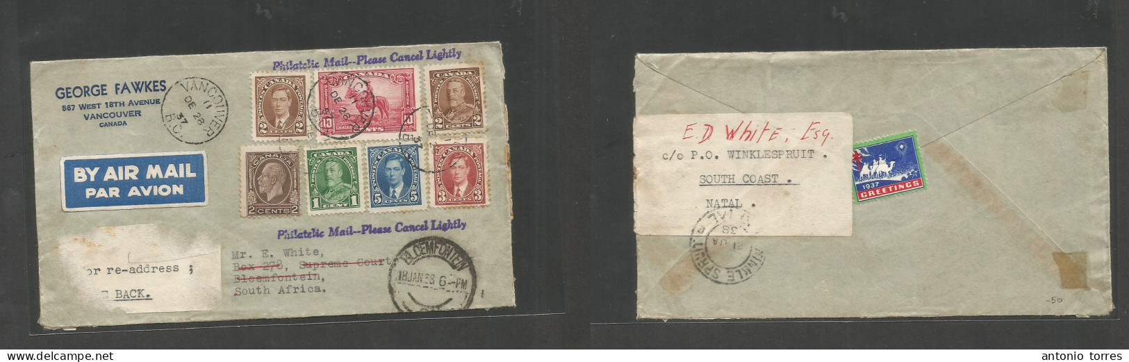 Canada. 1937 (28 Dec) Vancouver, BC - South Africa, Bloemfonteim (18 Jan 38) Air Multifkd Envelope + Fwded To Natal (21 - Altri & Non Classificati