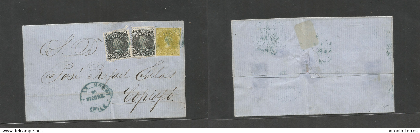 Chile. C. 1867 (26 Dic) Juan Godoy - Copiapó. Envuelta De Carta Con Franqueo Mixto De Dos Emisiones. 1c Verde Sin Detene - Chile