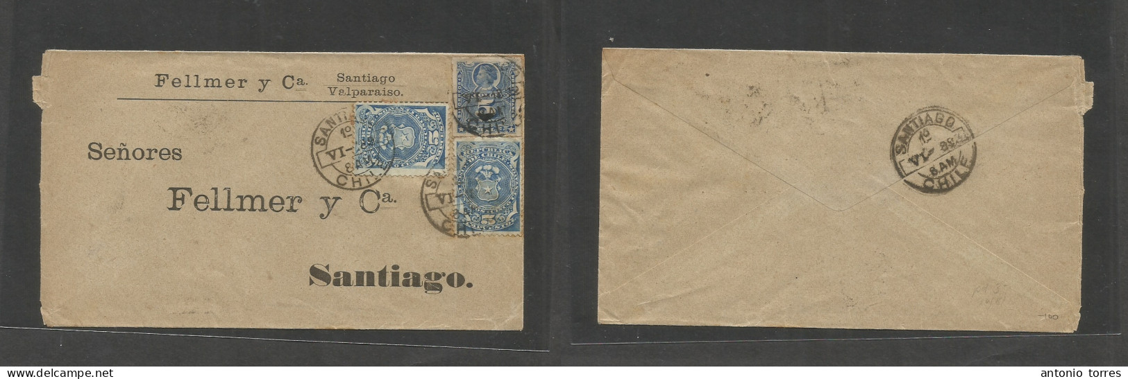 Chile. 1897 (1 June) Santiago Local Usage. Provisional Period Fiscal Used As Postage. 5c Blue (x2 + 5c Mns) At 15c Rate. - Chili
