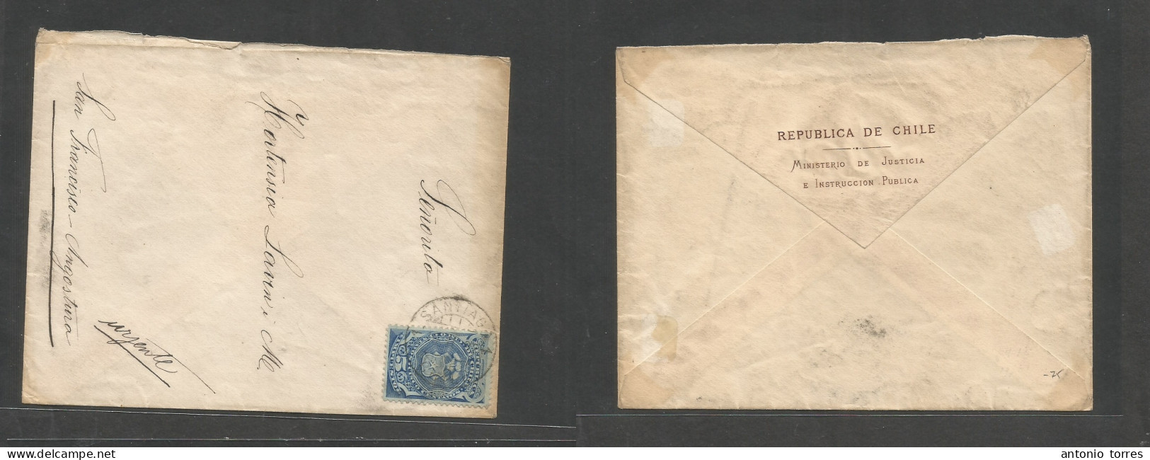 Chile. 1897. Santiago - San Francisco, Angostura. Official Mail., 5c Blue Fiscal Used As Postage, Tied Cds. Fine And Unu - Chili
