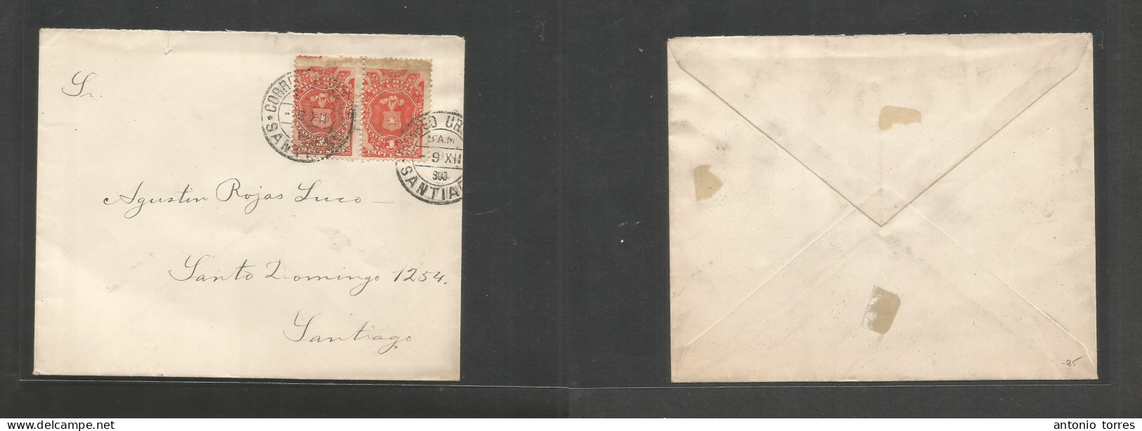 Chile. 1900 (9 Dec) Stgo Local Usage. Provisional Fiscal Postal Usage. 1c Red Hong Pair, Tied Cds. Fine Scarce Usage, Fu - Chili