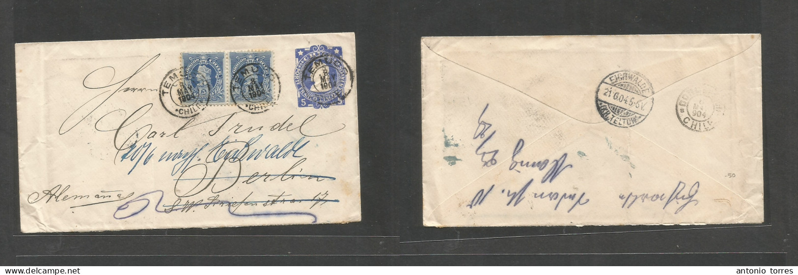 Chile - Xx. 1904 (8 May) Temuco - Germany, Berlin (21 June) Via Concepcion. 5c Blue Stat Env + 2 Adtls On 15c Rate, Tied - Chile