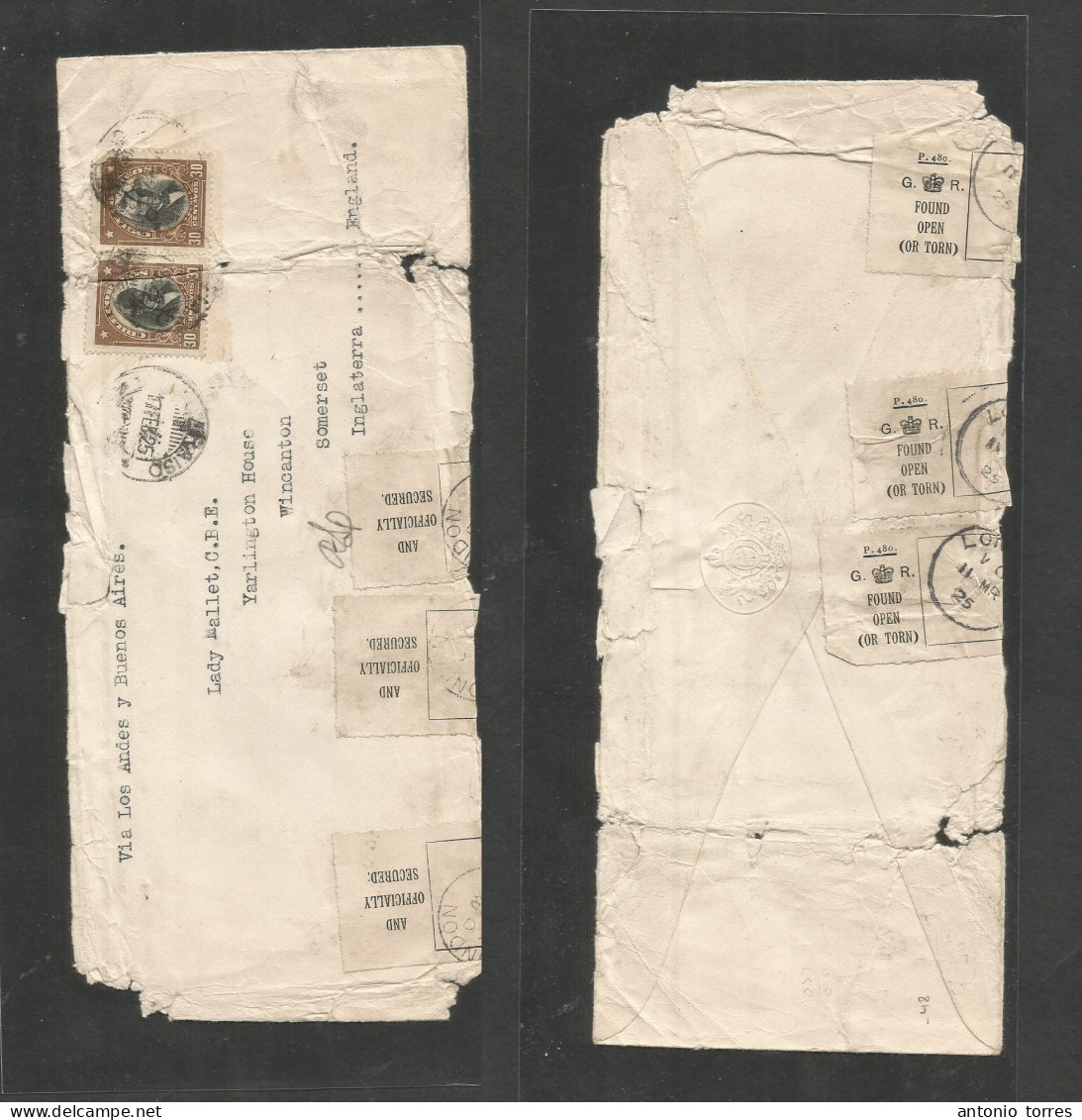 Chile - Xx. 1925 (17 Feb) Valp - UK, Somerset (11 March) Via Andes. Multifkd Env At 60c Rate + 3 Post Office Seals Cance - Cile