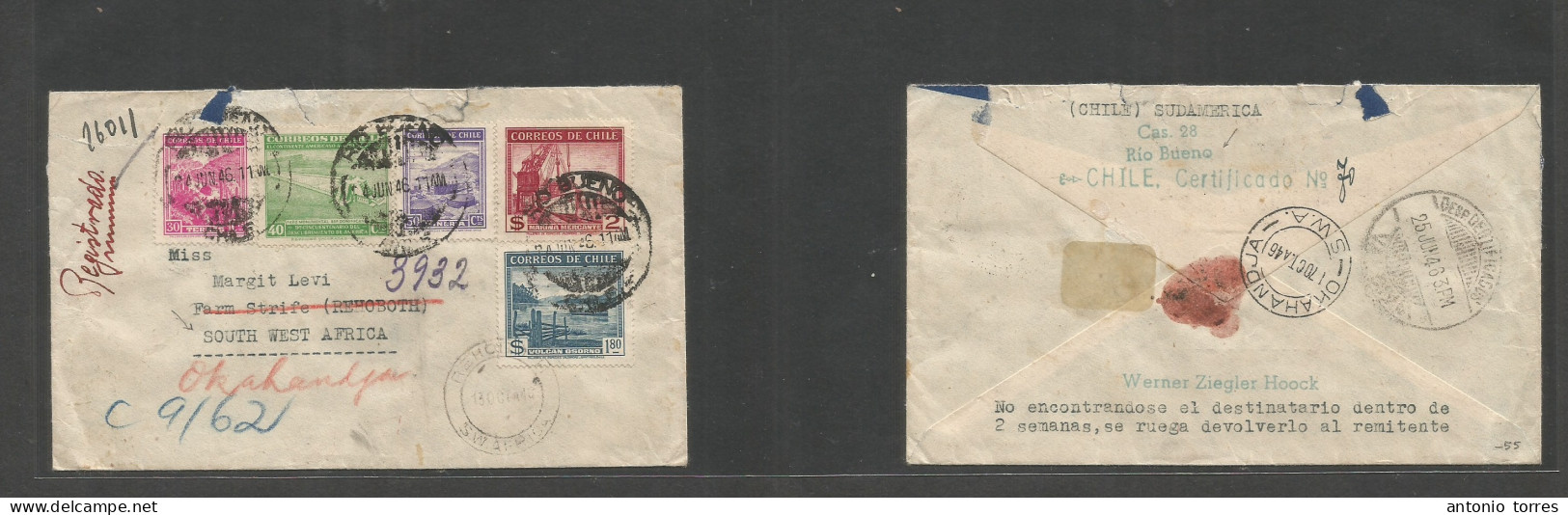 Chile - Xx. 1946 (24 June) Rio Bueno - SWA, Farm. Strife, Rehoboth, South West Africa (13 Oct 46) Registered Air Multifk - Chile