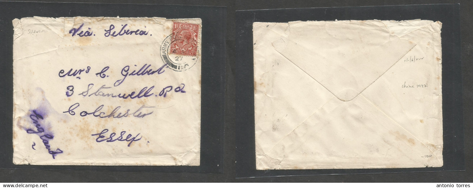 China - Xx. 1927 (4 Aug) APO, British Troops In China Revolt Via Siberia. Fkd GB 1 1/2d Brown, Cds Envelope To Colcheste - Sonstige & Ohne Zuordnung