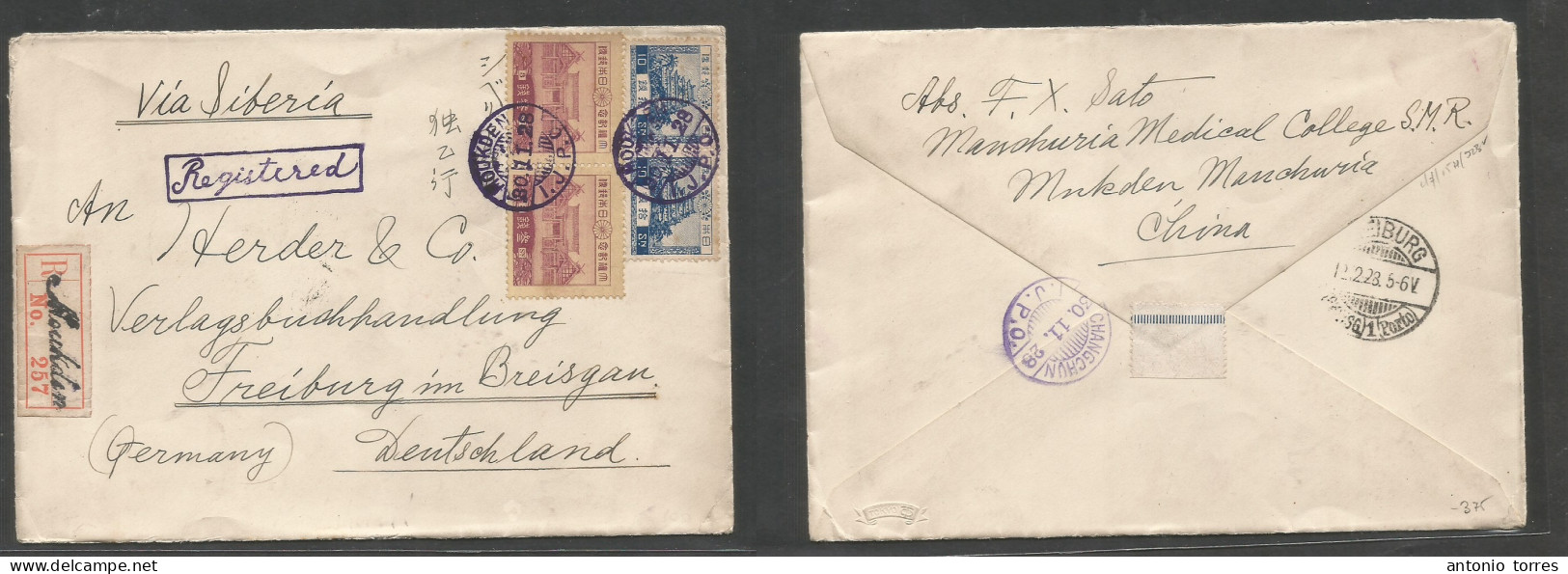 China - Xx. 1928 (30 Nov) Japanese PO, Moukden, Manchuria - Germany, Freiburg (12 Dec) Via Changchun. Registered Multifk - Autres & Non Classés