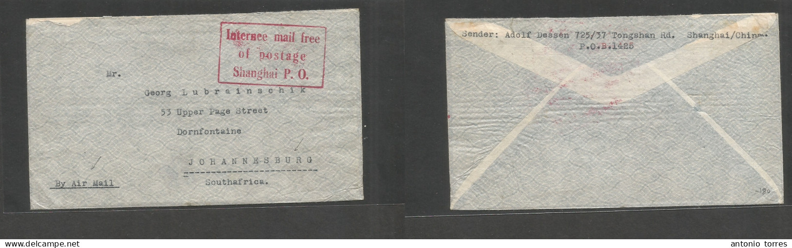 China - Xx. C. 1940. Shanghai - S. Africa, Joburg. Internee Free Mail Cachet (RR) Airmail Usage. German Origin. Interest - Autres & Non Classés