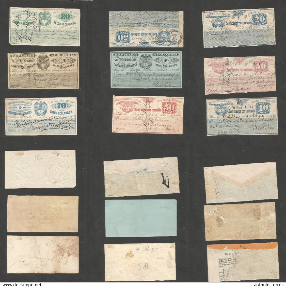 Colombia. 1889-90s. Valores Declarados / Certificados Group Of Nine Different Circulated, High Values Etc. Label Seals. - Colombia