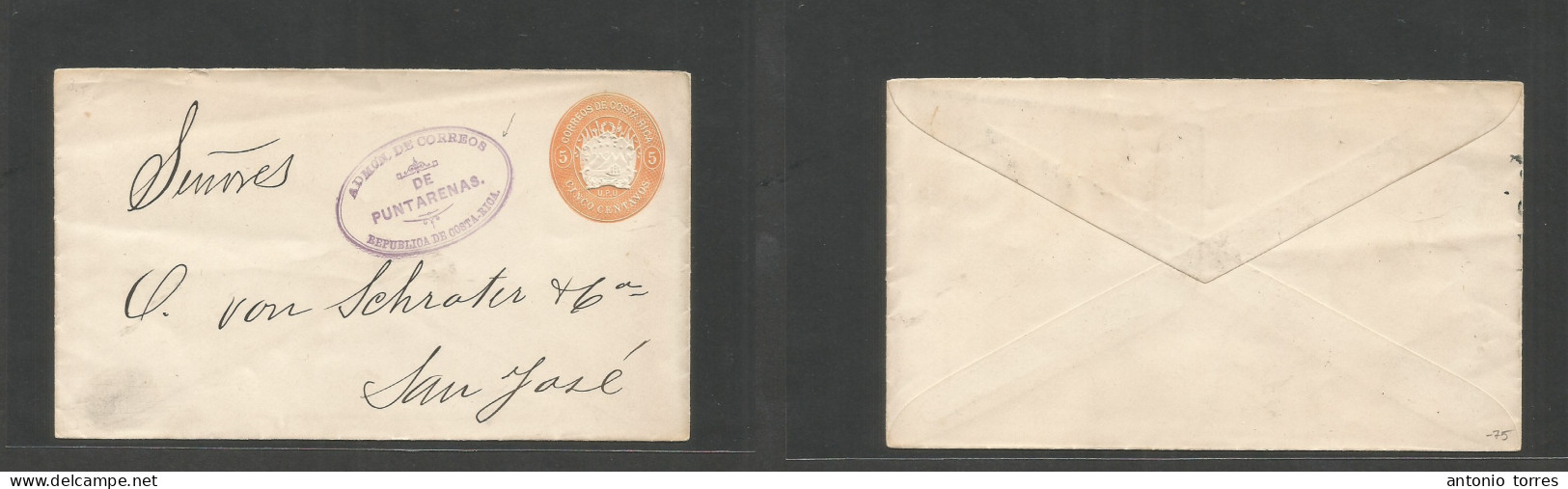 Costa Rica. C. 1899. Punta Arenas - San Jose. 5c Orange Embossed Stat Envelope, Oval Violet Cachet (xxx/R) Lovely Usage. - Costa Rica