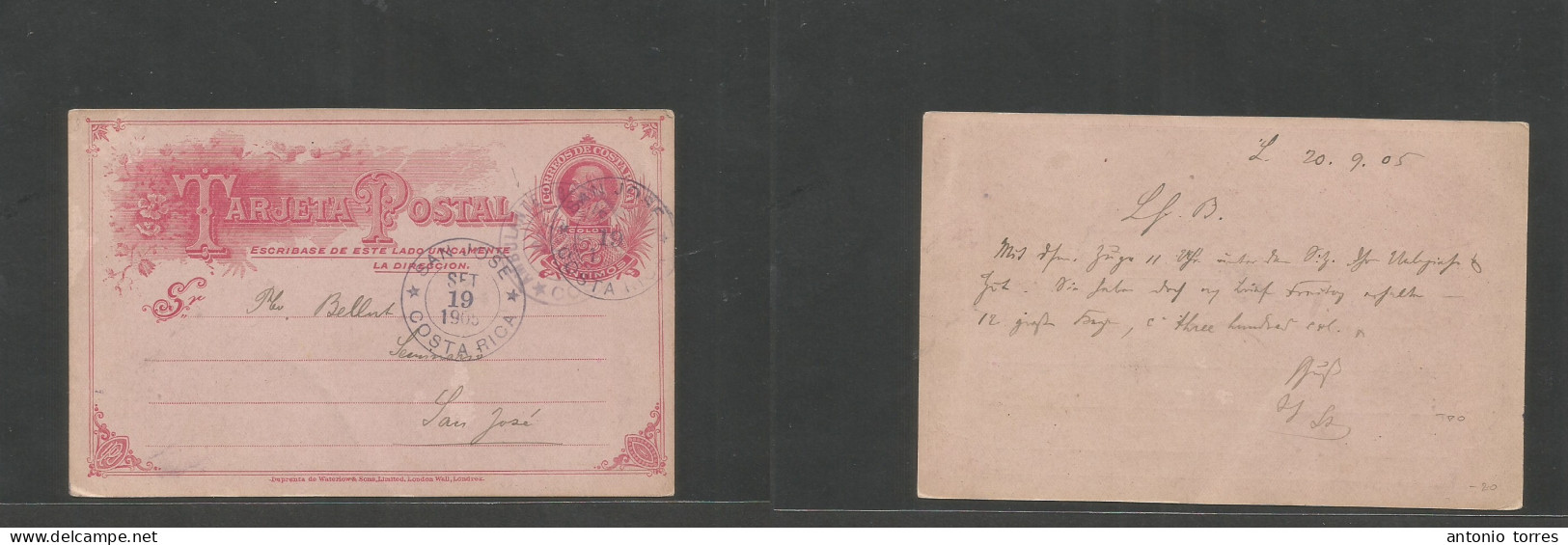 Costa Rica. 1905 (19 Sept) Limon - San Jose. 2c Red Stat Card, Cancelled On Board Train. TPO. VF + Arrival Cachet. - Costa Rica