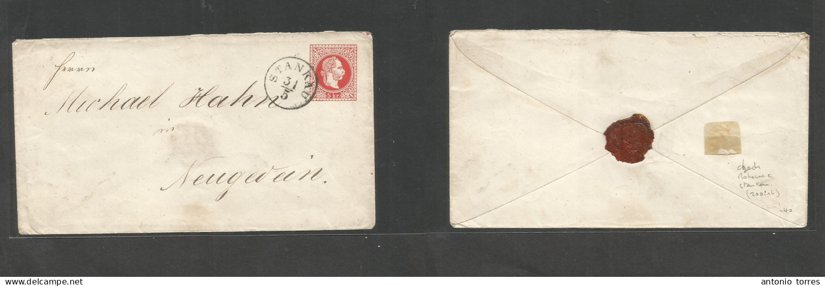 Czechoslovakia. C. 1868 (31 May) Austrian Postal Admin. Stankau - Neugedein. 5kr Red Stat Env, Depart Cds (200 Hab) VF. - Otros & Sin Clasificación