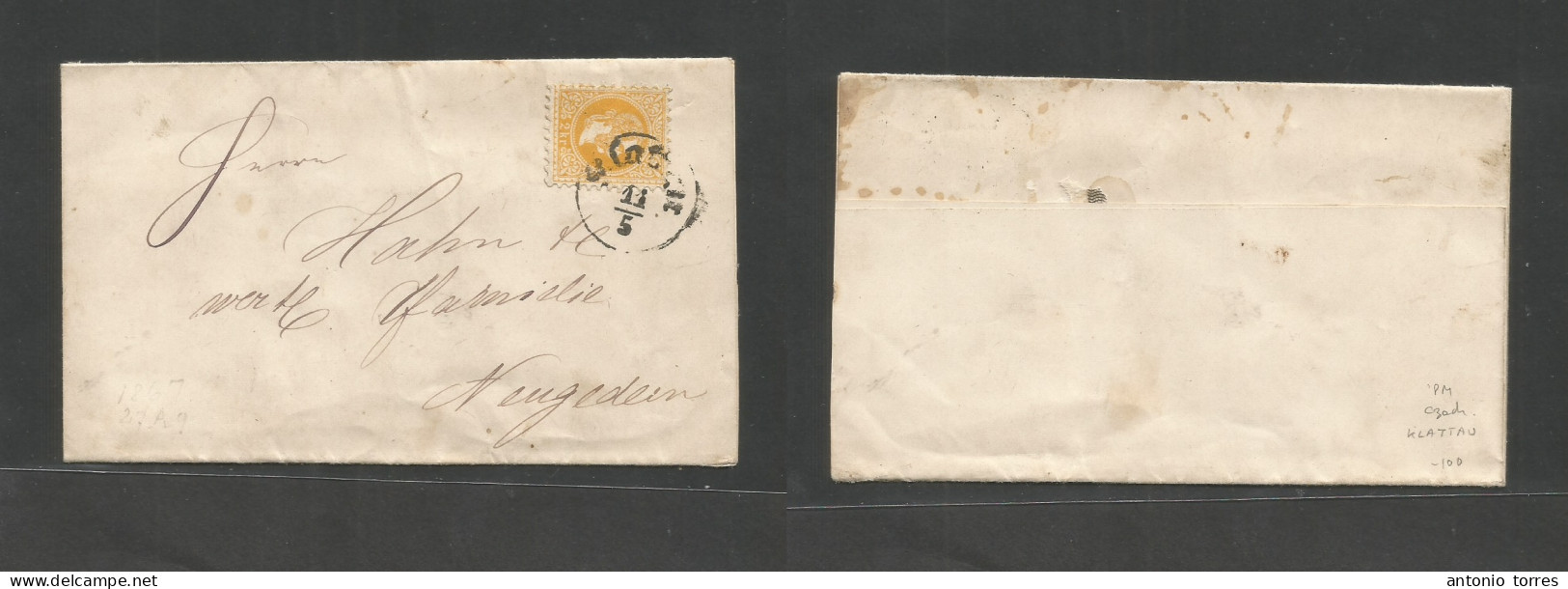 Czechoslovakia. 1871 (11 May) Austria Postal Adm. Klattau - Neugedein. Unseal Pm Rate Single 2kr Yellow Rough Print, Tie - Autres & Non Classés