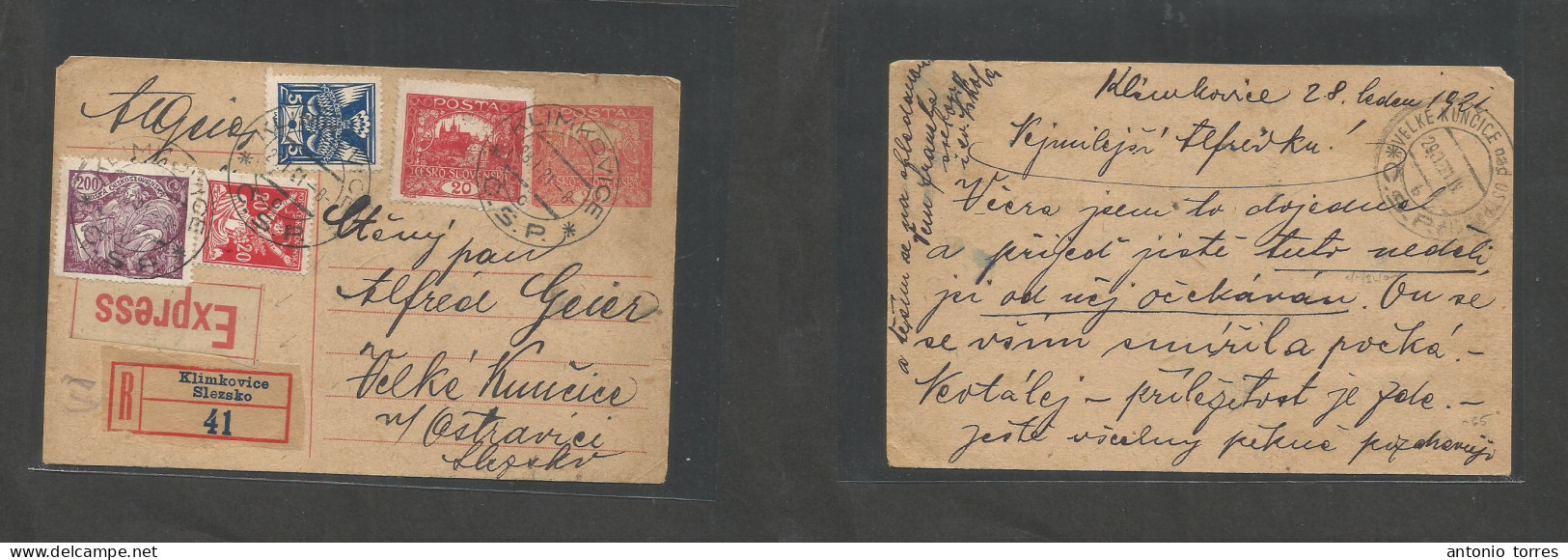 Czechoslovakia. 1921 (28 Jan) Klimkovice - Velke Kuncice (29 Jan) Registered Express Multifkd 20c Red Stat Card + 2 Labe - Other & Unclassified