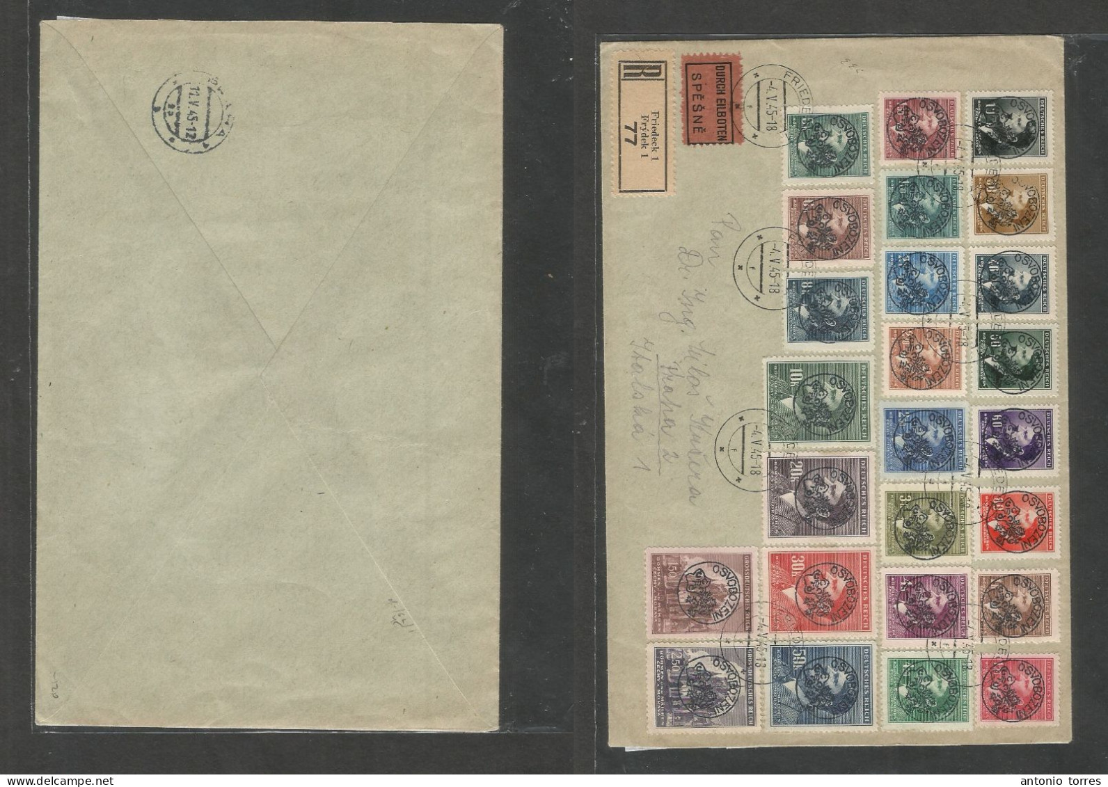 Czechoslovakia. 1945 (4 May) Bohemia, Freydek - Prague (11 May) Nazi Ovptd Issue "OSVOBOZENI". Multifkd Registered Env, - Andere & Zonder Classificatie