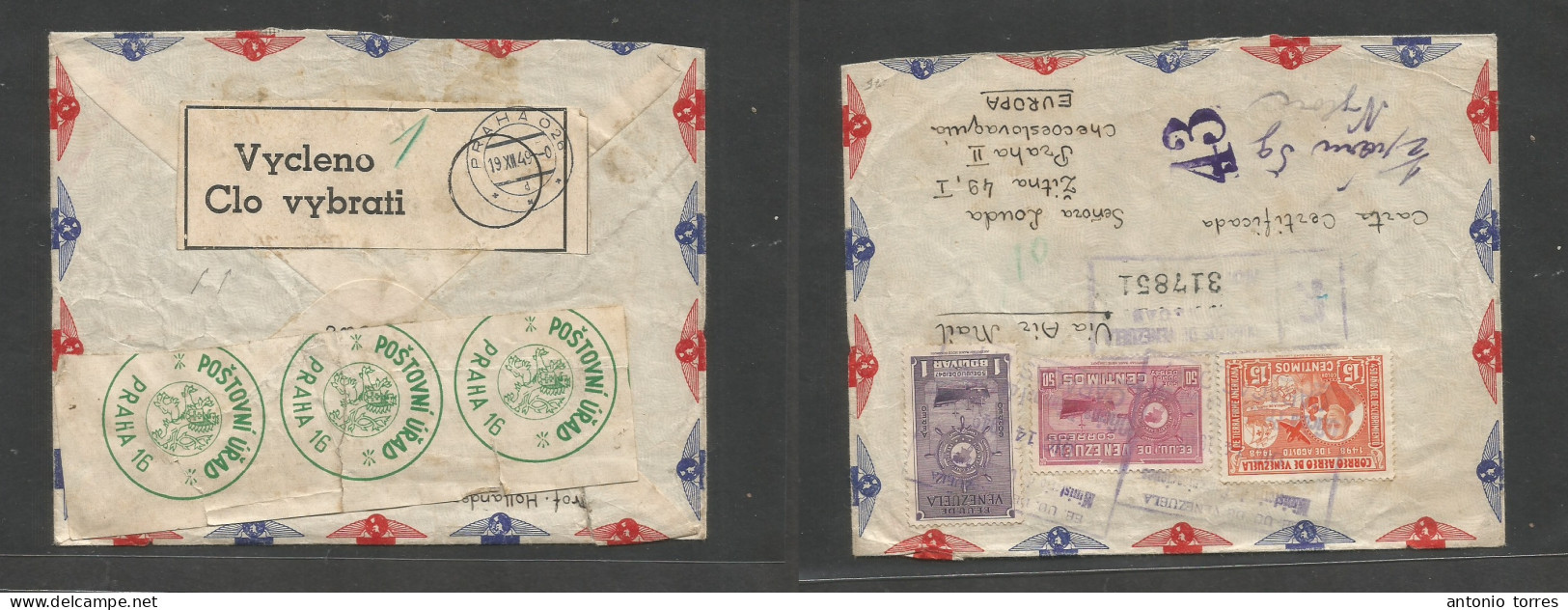 Czechoslovakia. 1949 (14 Dic) Venezuela, Caracas - Prague (19 Dec) Registered Air Multifkd Env, Reverse. Two Diff Post O - Other & Unclassified