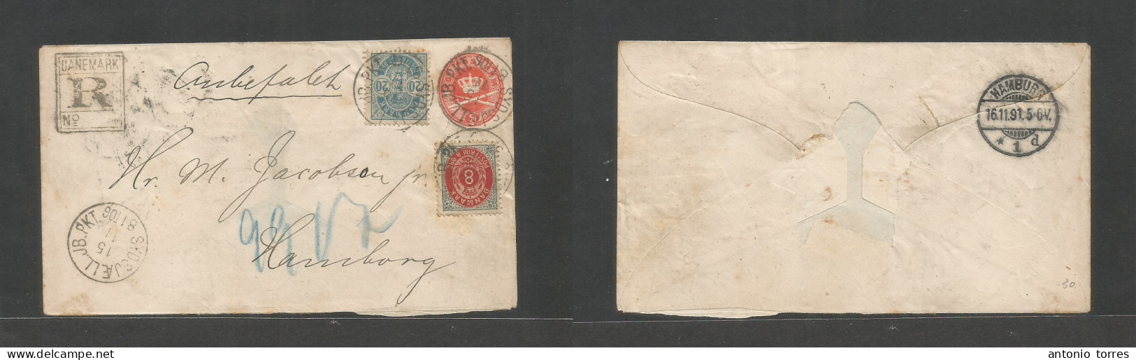 Denmark. 1891 (15 Nov) Sydsjarll, JB - Germany, Hamburg (16 Nov) Registered Multifkd 8 Ore Red Stat Env + 2 Adtls, Cds + - Sonstige & Ohne Zuordnung