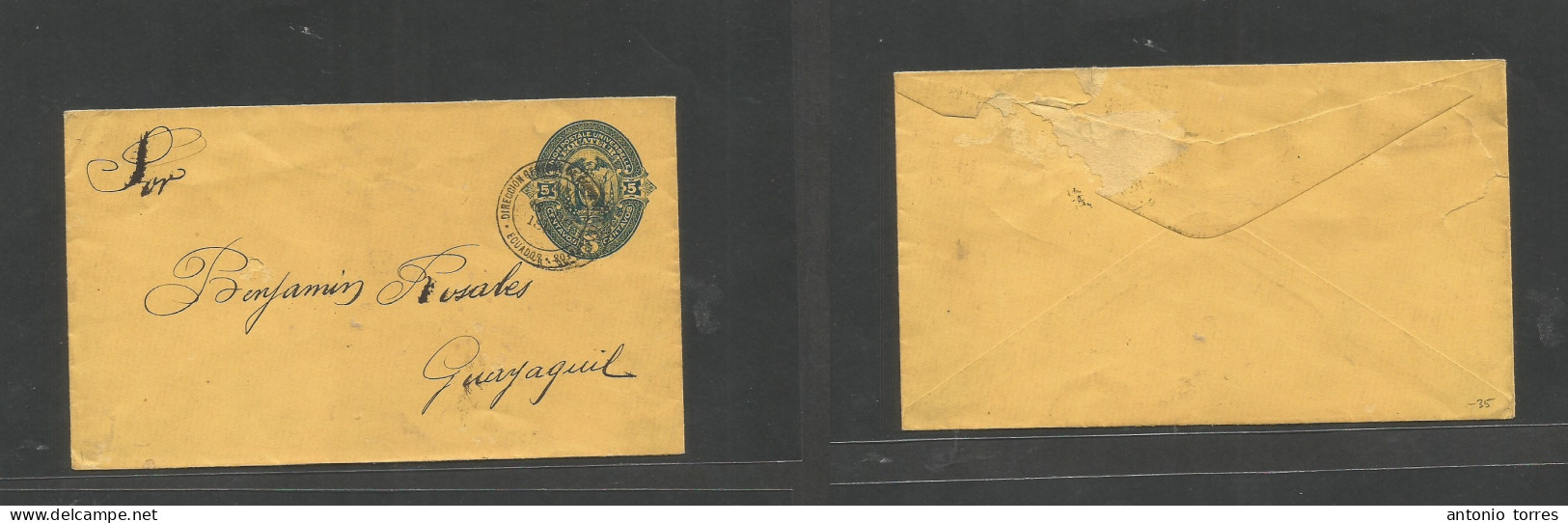 Ecuador. C. 1890 Quito - Guayaquil. 5c Blue / Yellow Wavy Lines Paper Stationary Envelope, Cds. VF Used. - Equateur