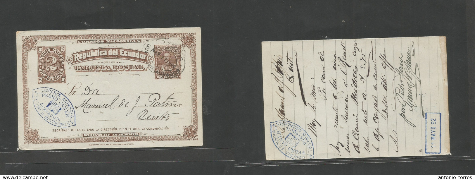Ecuador. 1892 (11 Mayo) Guayaquil - Quito. Local 2c Brown / Greenish Illustrated Stationary Card. Fine Scarce Correct Ci - Ecuador