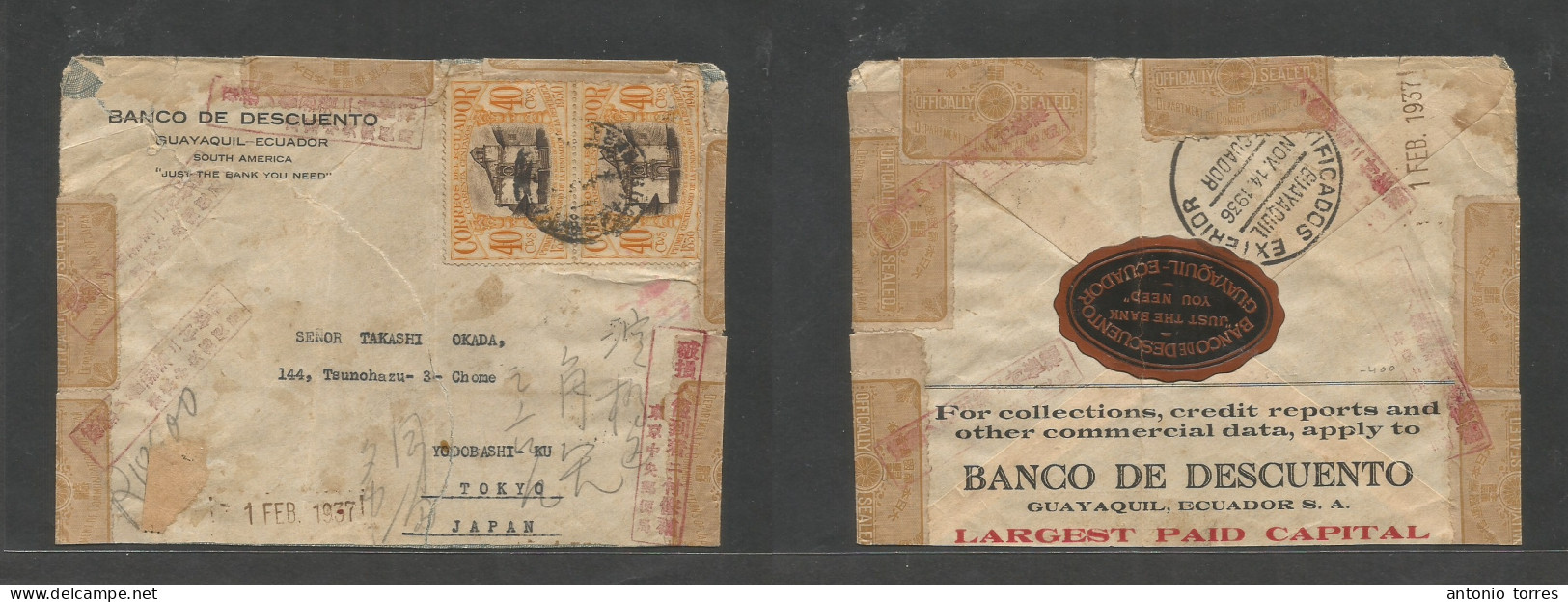 Ecuador. 1936 (14 Nov) Guayaquil - Japan, Tokyo (1 Feb 37) Multifkd Comercial Envelope At 0,80c Rate, Arriving Maritime - Equateur