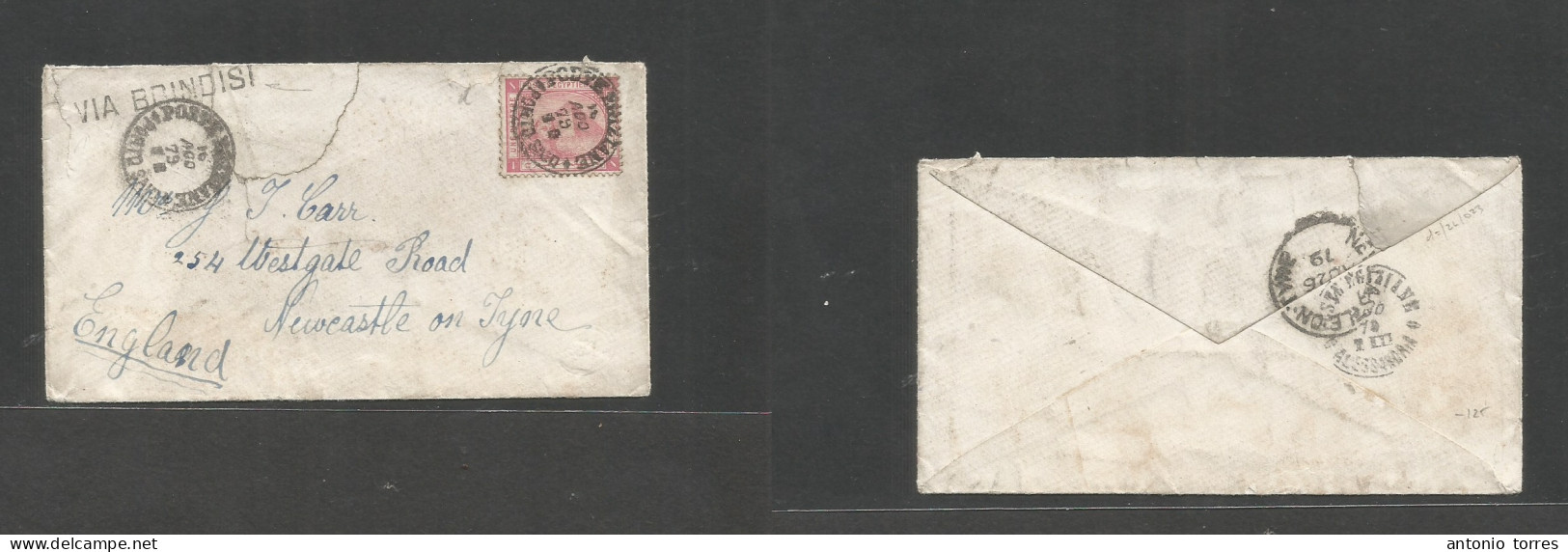 Egypt. 1879 (16 Aug) Port Said - England, Newcastle (26 Aug) Early Fkd Env 1p Rose Pyramids Issue + Cds + "Via Brindisi" - Other & Unclassified