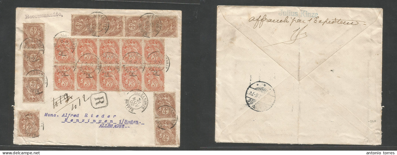 Egypt. 1902 (21 Nov) French PO. Alexandria - Germany, Kenzingen (26 Nov) Registered Multifkd Env, 3c Orange (x10) + 4c ( - Autres & Non Classés