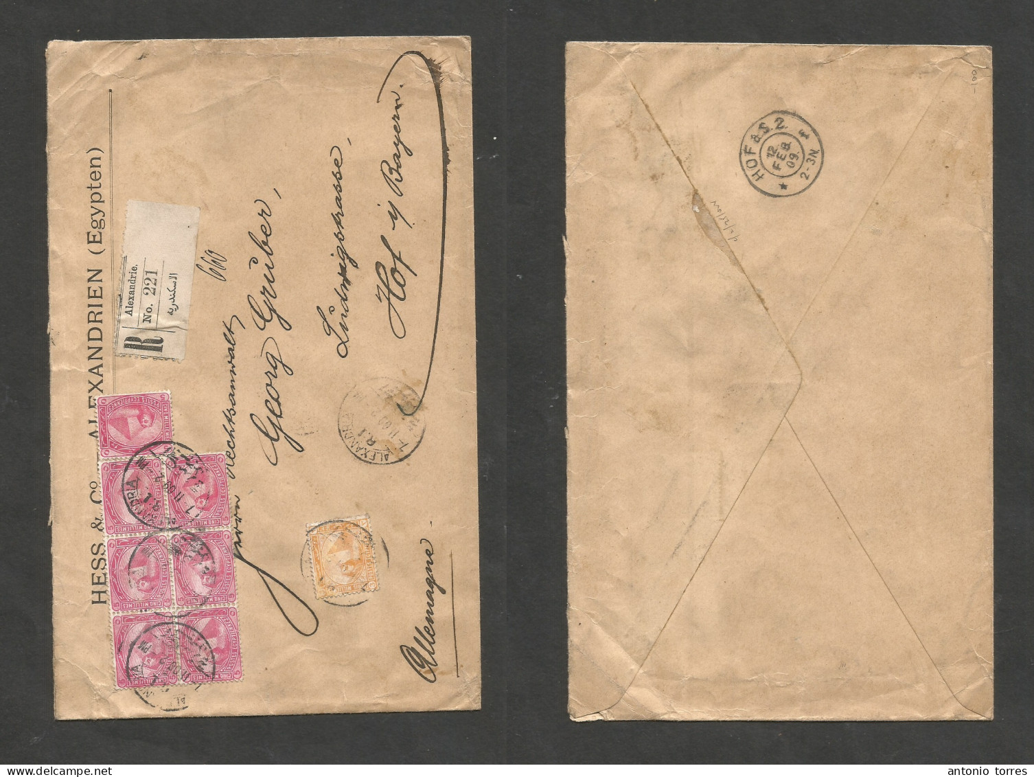 Egypt. 1909 (7 Febr) Alexandria - Germany, Hofin, Bayern (12 Febr) Registered Multifkd Env At 38 Ms Rate, Tied Cds + R-l - Other & Unclassified