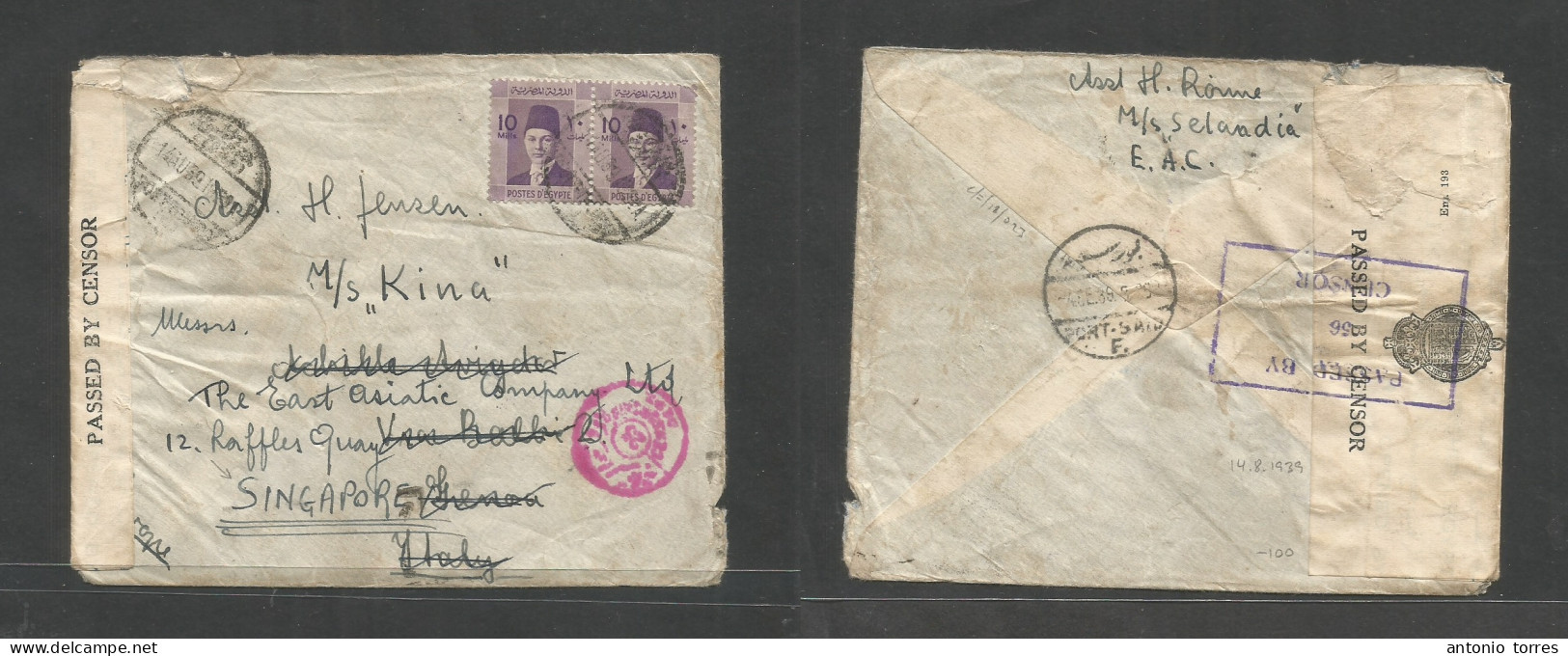 Egypt. 1939 (14 Aug) Port Taufik - Italy, Fwded Singapore. Multifkd Env, Arrival Sing Censor Label + Cachet. Rare Destin - Autres & Non Classés