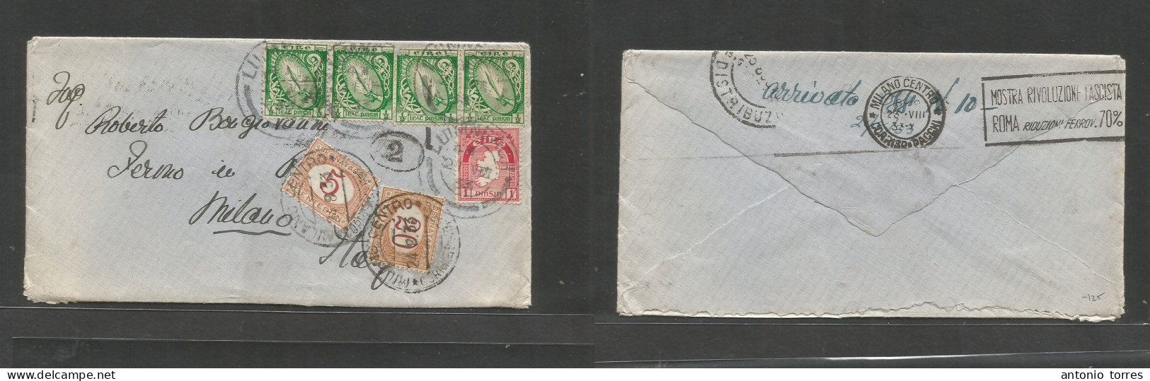 Eire. 1933 (21 Aug) Luimoneach - Italy, Milano, Italy (24 Aug). Multifkd Env At 3d Rate, Tied Cds + Taxed At Arrival At - Used Stamps
