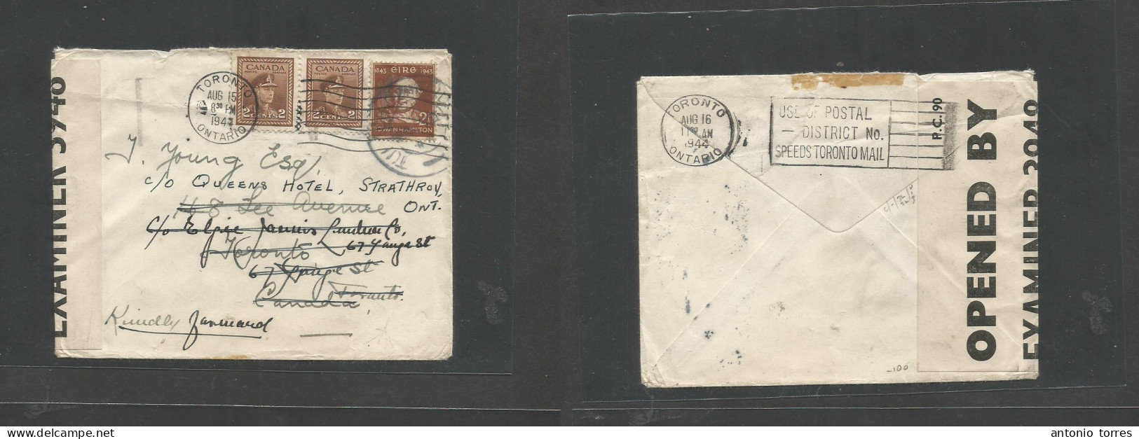 Eire. 1944 (24 July) Tui - Canada, Toronto. Fkd Depart 2 1/2d Brown Fkd Envelope + Fwded At Destination Locally With New - Usados