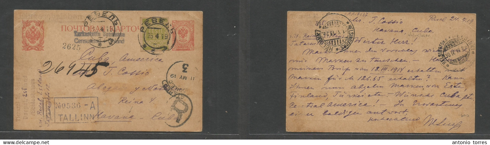 Estonia. 1919 (26 April) Tallinn - Cuba, Habana. Via Finland, Helsinki - London. Registered Russia Stat Card + Adtl Earl - Estonia