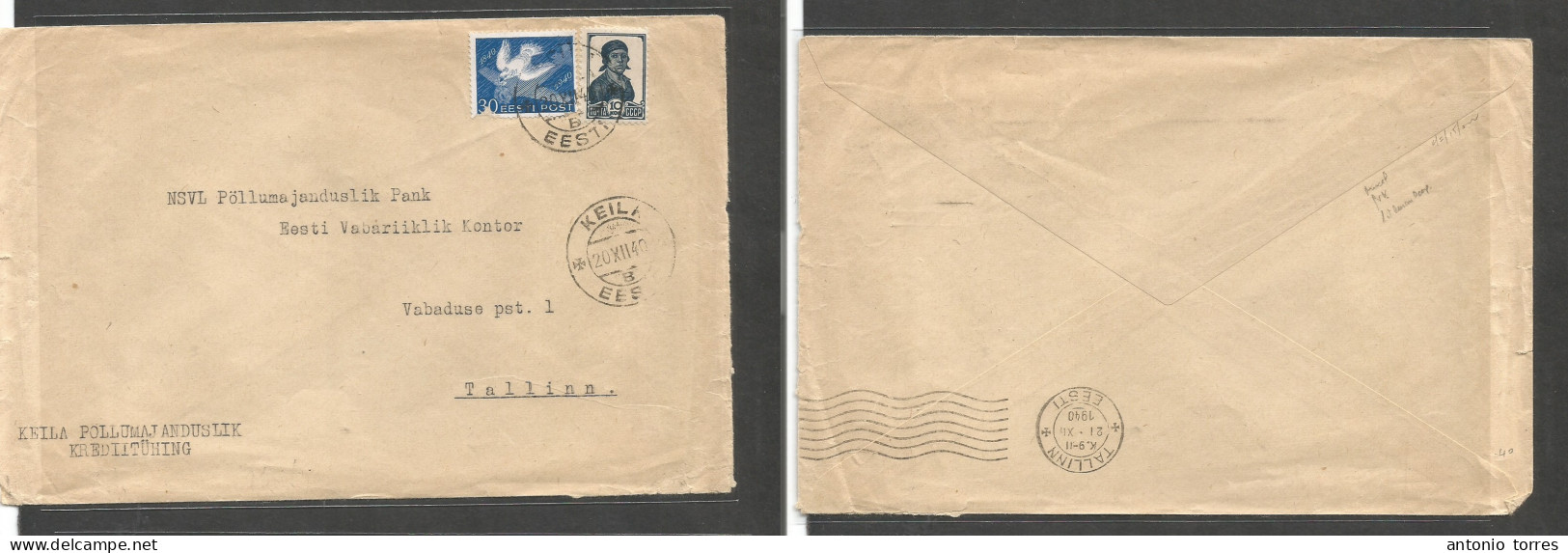 Estonia. 1940 (20 Dec) Keila - Tallinn (21 Dec) First Russian Occup. Mixed Fkd Comercial Envelope, Tied Cds. Arrival Cac - Estonia