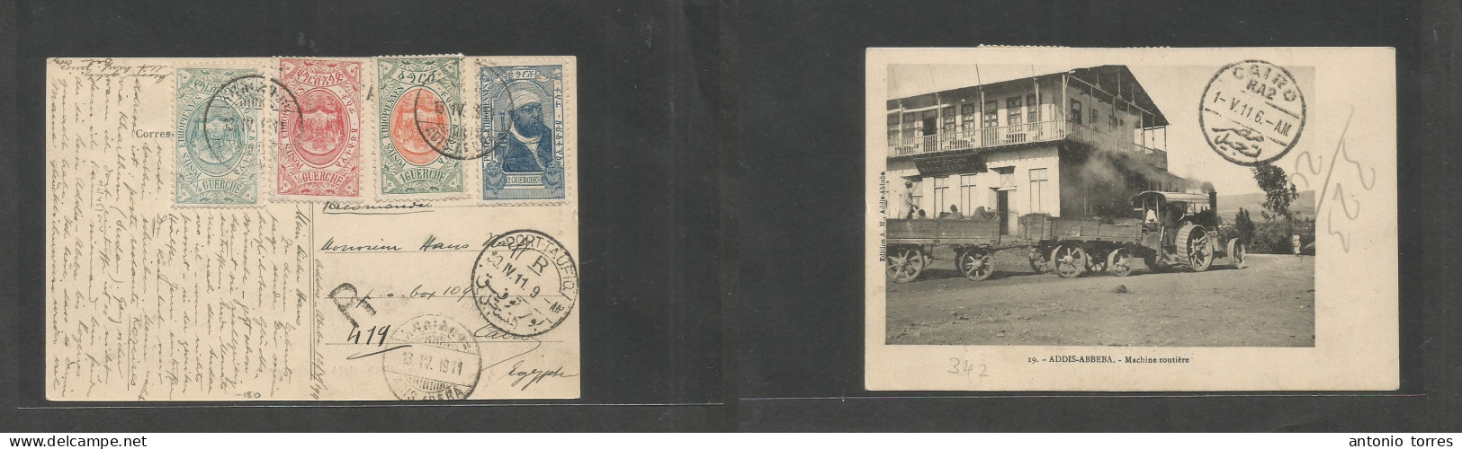 Ethiopia. 1911 (13 April) Addis Abeba - Egypt, Cairo (30 April) Registered Multifikd Photo Ppc. Lovely Scarce Usage, Tie - Ethiopie