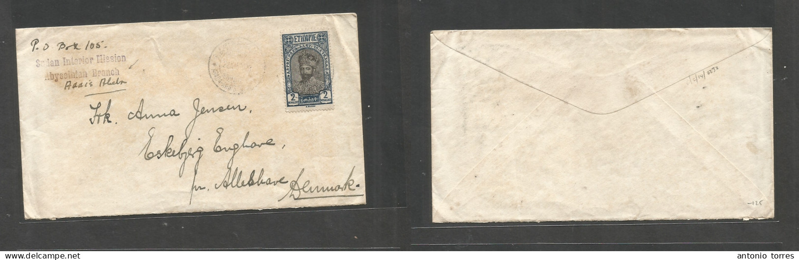 Ethiopia. 1928 (22 Dec) Sudan Mission. Abissinian Branch. Abada, Addis Abeba - Denmark, Eskebjeg. 2m Single Fkd Envelope - Ethiopië