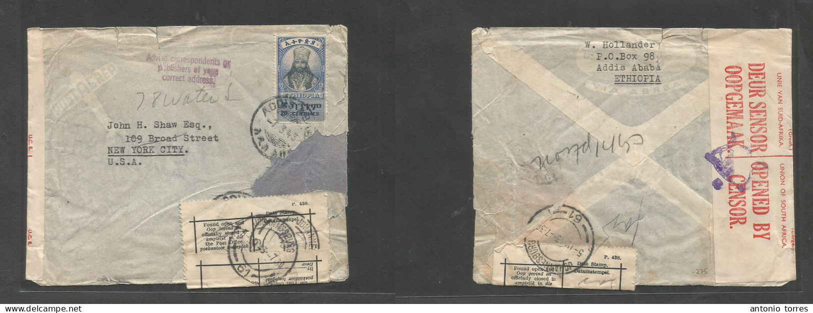 Ethiopia. 1943 (7 March) Addis Abeba - USA, NYC. Fkd Env 20c Rate + S. Africa Censor + Post Office Official Label Tied A - Ethiopië