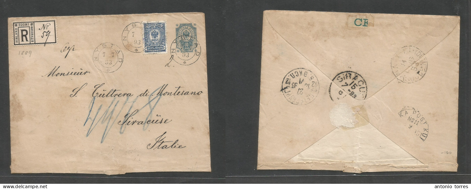 Finland. 1893 (7 July) Nystad - Italy, Siracuse (15 July) Russian Postal Admin. 10 Kop Blue Registered Stat Env + Adtl, - Sonstige & Ohne Zuordnung