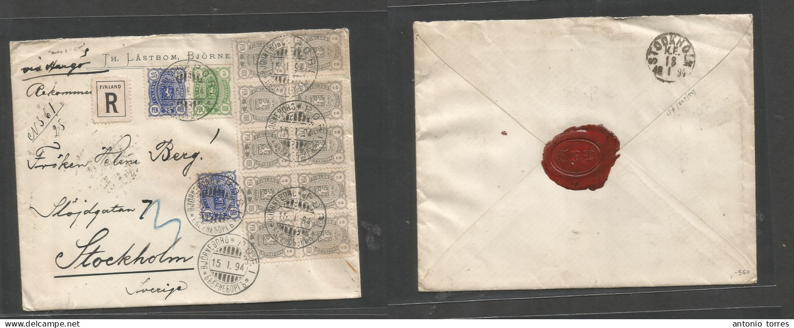Finland. 1894 (15 Jan) Bjorne - Sweden, Stockholm (18 Jan) Registered Multifkd Env (x13 Stamps, Incl Block Of 10) At 75p - Otros & Sin Clasificación