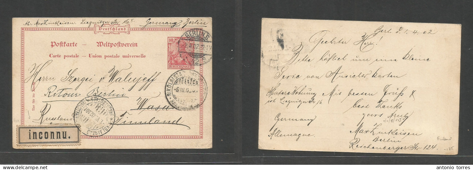 Finland. 1902 (2 Apr) Germany, Berlin - Wasa (5 Apr) 10 Pf Red Germania Stat Card + "INCONNU" Tied Cds Of Finland, Russi - Autres & Non Classés