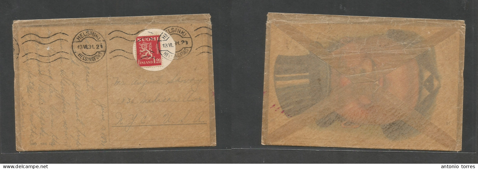 Finland. 1931 (13 June) Helsinfors - NYC, USA. Fkd Ppc Special Envelope, Tied Rolling Cachet. Scarce Usage In This Count - Andere & Zonder Classificatie