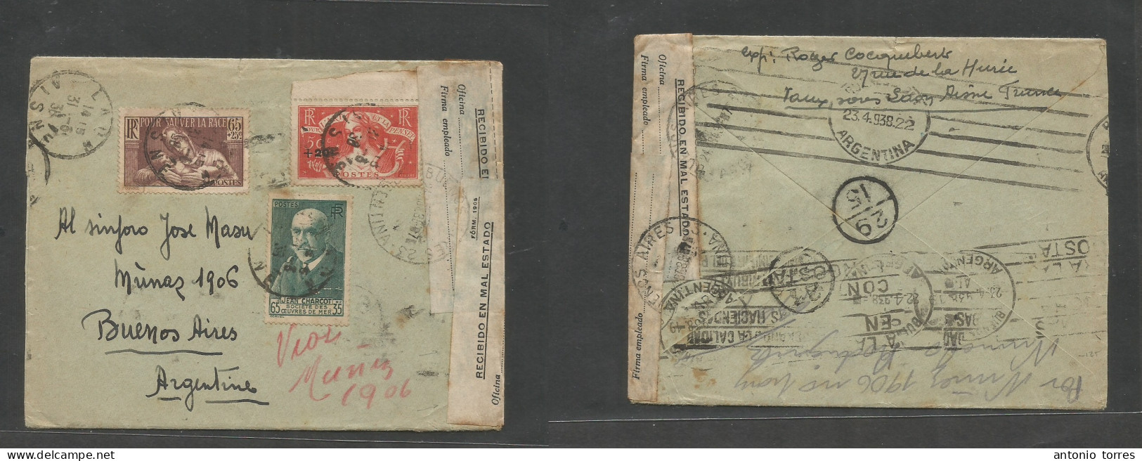 France - Xx. 1936 (31 March) Laon Aisne - Argentina, Buenos Aires (23 Apr) Multifkd Envelope With Contains + Seal At Arr - Sonstige & Ohne Zuordnung