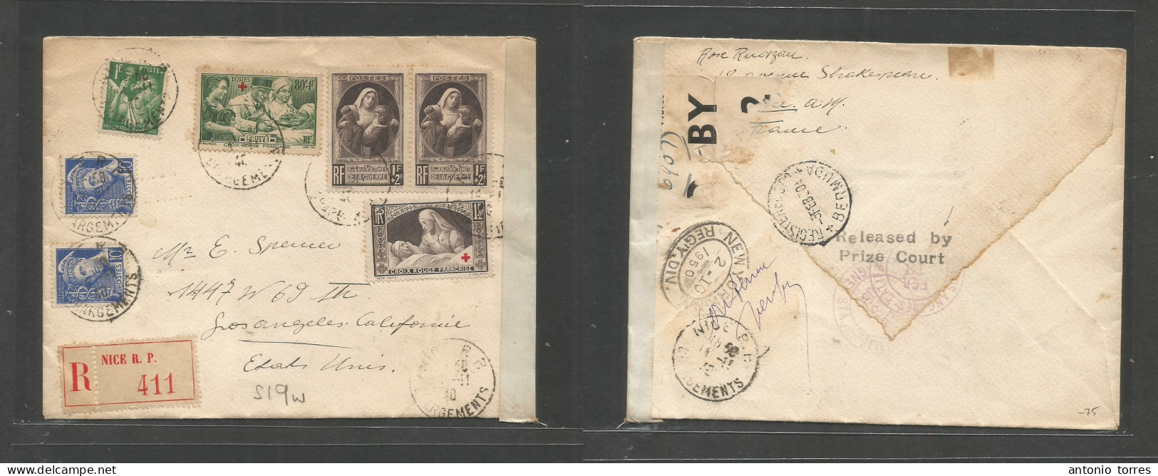 France - Xx. 1940 (4 Nov) Nice - USA, LA, CA (13 Febr 50) Reverse Transited + Held By British Censor + "released By Pric - Otros & Sin Clasificación