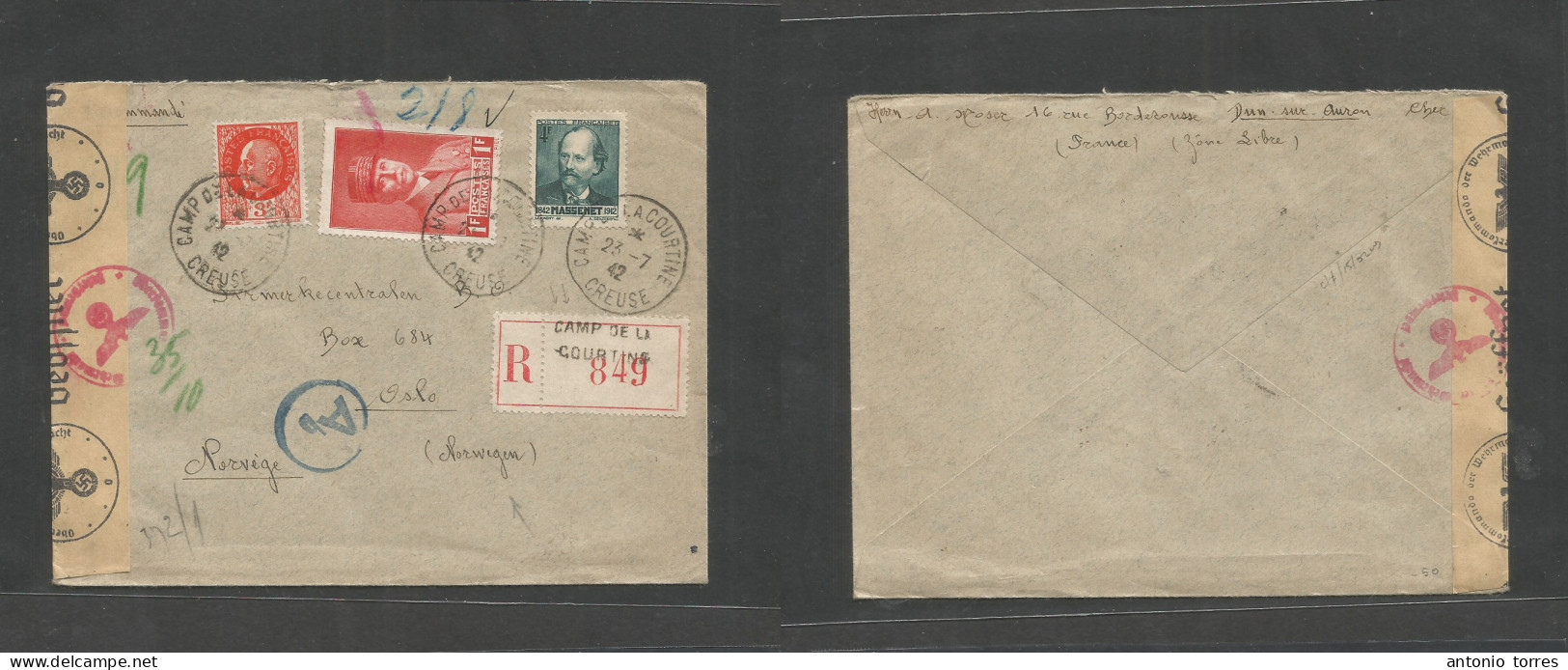 France - Xx. 1942 (23 July) Camp De La Courtine, Creuse - Norway, Oslo. Registered Multifkd Comm Issues Envelope With Co - Other & Unclassified