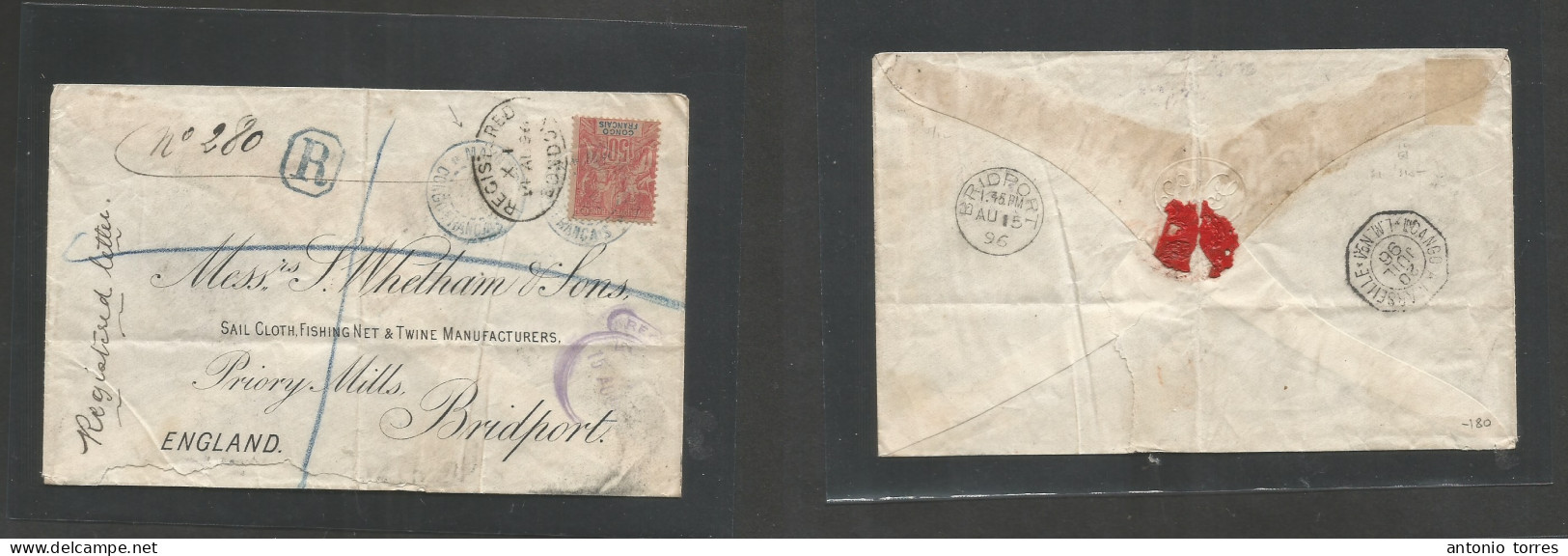 Frc - Congo. 1896 (10 July) Mayume - England, Bridport (14-15 Aug) Registered Single 50c Red Sage Issue Tied Blue Cds. V - Andere & Zonder Classificatie